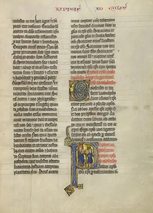 Framed Print : Initial P: Saint Paul and a Messenger with Books; Concluding Volume of a Bible, about 1260-1270. Creator: Unknown Framed Print : Initial P: Saint Paul and a Messenger with Books; Concluding Volume of a Bible, about 1260-1270. Creator: Unknown