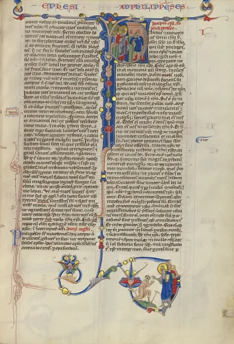 Framed Print : Initial P: Saints Paul and Barnabas with a Disabled Person at Lystra; Abbey Bible, about 1250-1262. Creator: Unknown Framed Print : Initial P: Saints Paul and Barnabas with a Disabled Person at Lystra; Abbey Bible, about 1250-1262. Creator: Unknown