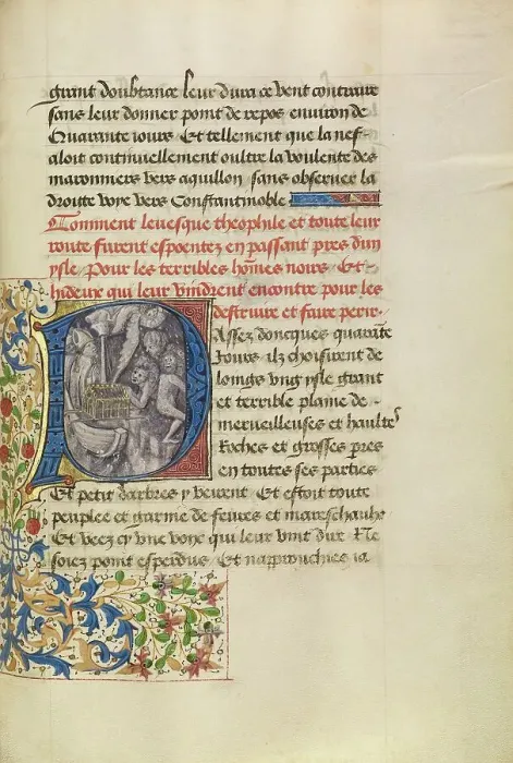 Framed Print : Initial P: The Ship of Bishop Theophilus Sailing Near an Island Inhabited by Wild... about 1465-70. Creators: Master of the Brussels Romuleon, Workshop of the Master of the Brussels Romuleon Framed Print : Initial P: The Ship of Bishop Theophilus Sailing Near an Island Inhabited by Wild... about 1465-70. Creators: Master of the Brussels Romuleon, Workshop of the Master of the Brussels Romuleon