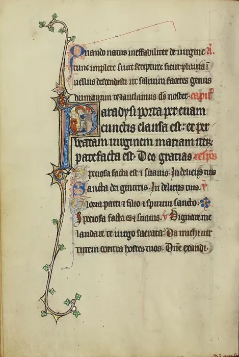 Framed Print : Initial P: The Virgin Mary Opening a Door to a Woman; Ruskin Hours, about 1300. Creator: Unknown Framed Print : Initial P: The Virgin Mary Opening a Door to a Woman; Ruskin Hours, about 1300. Creator: Unknown