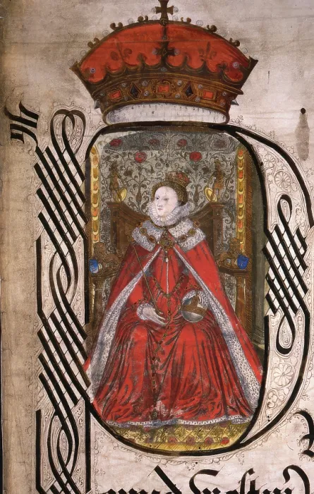 Framed Print : Initial detail and portrait of Queen Elizabeth I of England, Coram Rege Rolls, 1572. Creator: Unknown Framed Print : Initial detail and portrait of Queen Elizabeth I of England, Coram Rege Rolls, 1572. Creator: Unknown