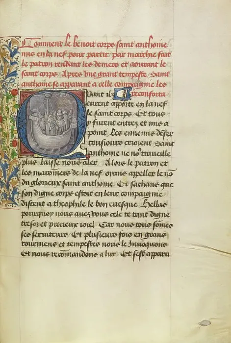 Framed Print : Initial Q: Saint Anthony Reassuring Bishop Theophilus and His Companions During... about 1465-70. Creators: Master of the Brussels Romuleon, Workshop of the Master of the Brussels Romuleon Framed Print : Initial Q: Saint Anthony Reassuring Bishop Theophilus and His Companions During... about 1465-70. Creators: Master of the Brussels Romuleon, Workshop of the Master of the Brussels Romuleon