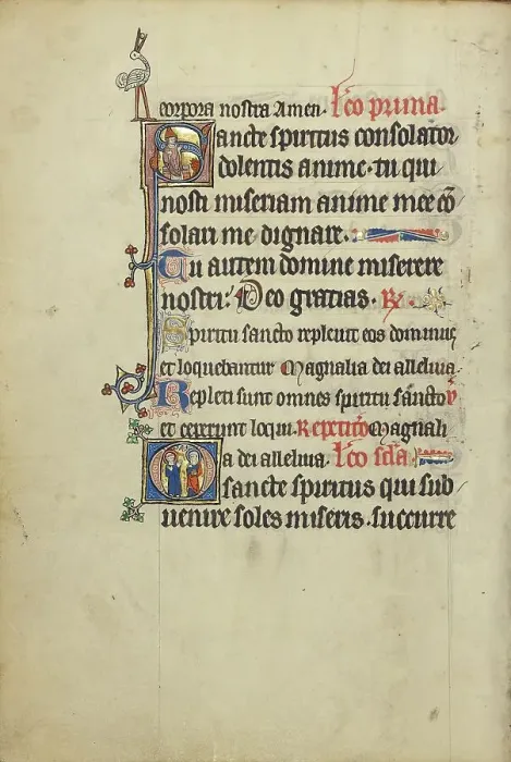 Framed Print : Initial S: A Bishop before a Fire: Initial O: A Nimbed Monk and a Female Saint, about 1300. Creator: Unknown Framed Print : Initial S: A Bishop before a Fire: Initial O: A Nimbed Monk and a Female Saint, about 1300. Creator: Unknown