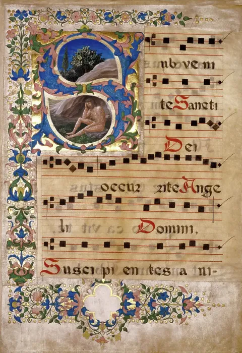 Framed Print : Initial S: Job, cutting from a choir book, third quarter of 15th century. Creator: Francesco di Antonio del Chierico Framed Print : Initial S: Job, cutting from a choir book, third quarter of 15th century. Creator: Francesco di Antonio del Chierico