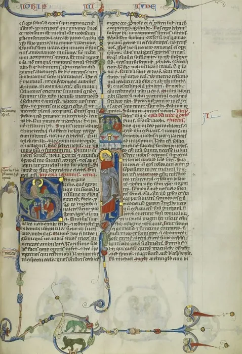 Framed Print : Initial S: Saint John Handing a Scroll to Two Men: Initial I: Saint Jude... about 1250-1262. Creator: Unknown Framed Print : Initial S: Saint John Handing a Scroll to Two Men: Initial I: Saint Jude... about 1250-1262. Creator: Unknown