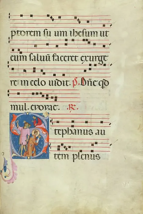 Framed Print : Initial S: The Stoning of Saint Stephen; Antiphonal, late 13th century. Creator: Master of Gerona Framed Print : Initial S: The Stoning of Saint Stephen; Antiphonal, late 13th century. Creator: Master of Gerona