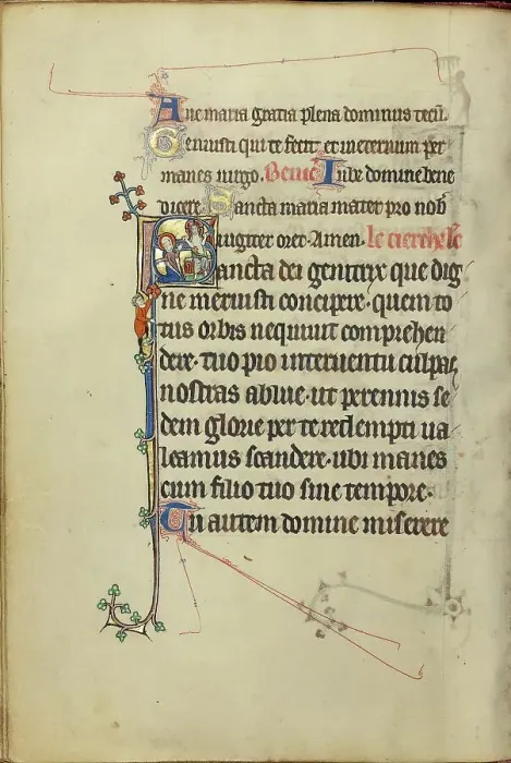 Framed Print : Initial S: The Virgin Mary Interceding for a Young Man before Christ Showing his Wounds, about 1300. Creator: Unknown Framed Print : Initial S: The Virgin Mary Interceding for a Young Man before Christ Showing his Wounds, about 1300. Creator: Unknown