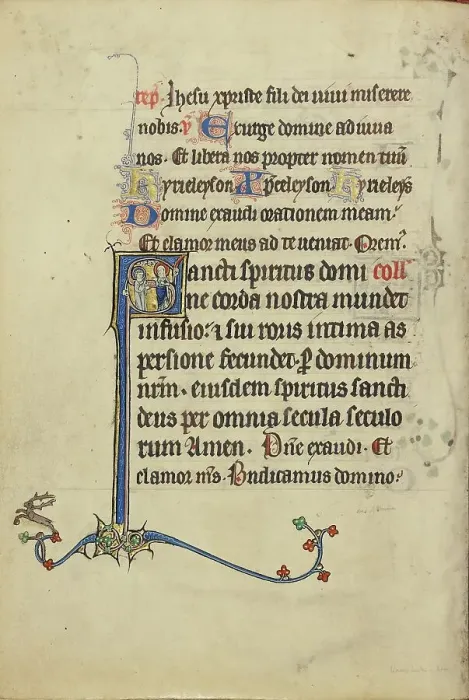 Framed Print : Initial S: A Young Saint Speaking with a Nimbed Female Saint; Ruskin Hours, about 1300. Creator: Unknown Framed Print : Initial S: A Young Saint Speaking with a Nimbed Female Saint; Ruskin Hours, about 1300. Creator: Unknown