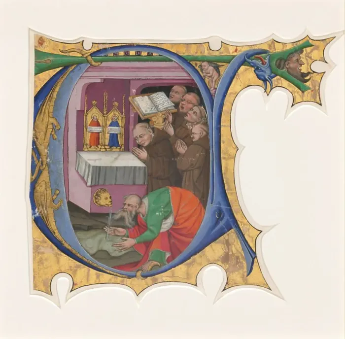 Framed Print : Initial T with a group of Benedictine monks singing before an altar from which issues water, 1430s. Creator: Master of the Cypresses Framed Print : Initial T with a group of Benedictine monks singing before an altar from which issues water, 1430s. Creator: Master of the Cypresses