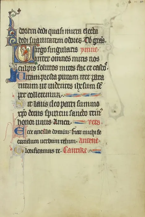 Framed Print : Initial V: A Crowned Female Saint with a Book and a Martyr's Palm; Ruskin Hours, about 1300. Creator: Unknown Framed Print : Initial V: A Crowned Female Saint with a Book and a Martyr's Palm; Ruskin Hours, about 1300. Creator: Unknown