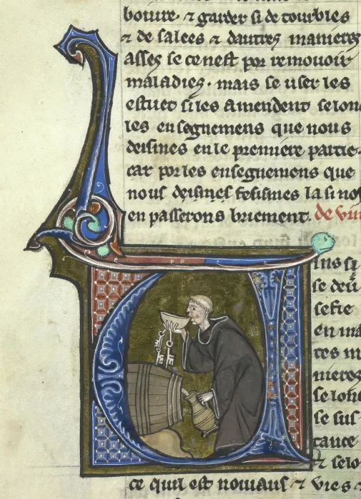 Framed Print : Initial V': a monk-cellarer tasting wine from a barrel whilst filling a jug, late 13th century. Creator: Unknown. Initial V': a monk-cellarer tasting wine from a barrel whilst filling a jug, late 13th century. Creator: Unknown Framed Print : Initial V': a monk-cellarer tasting wine from a barrel whilst filling a jug, late 13th century. Creator: Unknown. Initial V': a monk-cellarer tasting wine from a barrel whilst filling a jug, late 13th century. Creator: Unknown