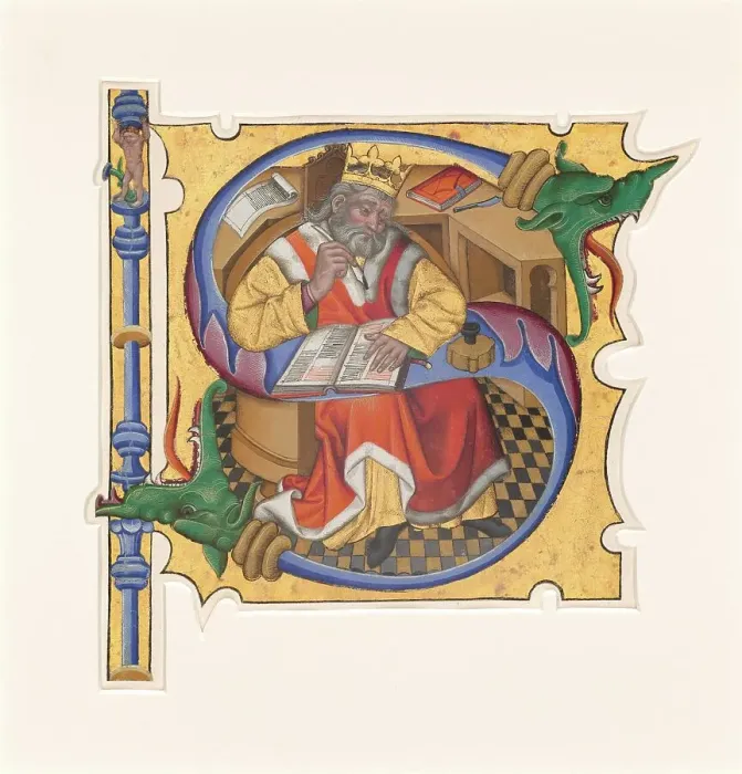 Framed Print : Initials with King David as Scribe, 1430s. Creator: Master of the Cypresses Framed Print : Initials with King David as Scribe, 1430s. Creator: Master of the Cypresses