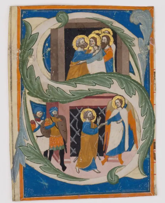 Framed Print : Initials with Saint Peter Liberated from Prison, first half 14th century. Creator: Unknown Framed Print : Initials with Saint Peter Liberated from Prison, first half 14th century. Creator: Unknown