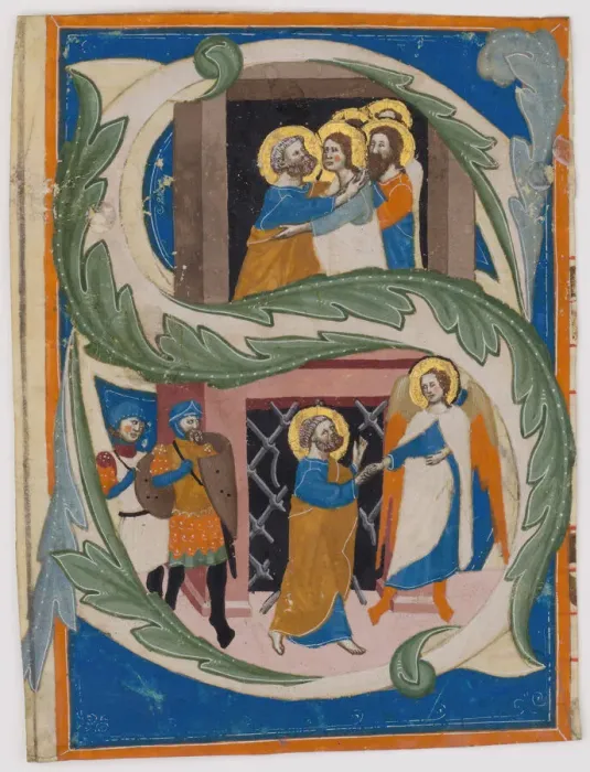 Framed Print : Initials with Saint Peter Liberated from Prison, Italian, first half 14th century Framed Print : Initials with Saint Peter Liberated from Prison, Italian, first half 14th century