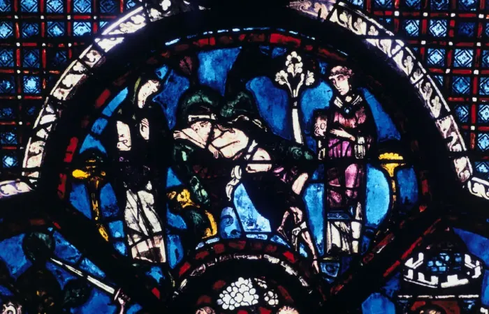 Framed Print : Injured pilgrim ignored by priest and Levite, stained glass, Chartres Cathedral, France, 1205-1215 Framed Print : Injured pilgrim ignored by priest and Levite, stained glass, Chartres Cathedral, France, 1205-1215