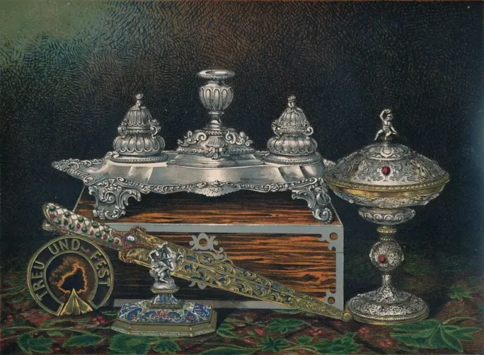 Framed Print : Inkstand, Paper Weight, Hunting Knife or Dagger, Covered Tazza, Paper Weight, 1863. Artist: Robert Dudley Framed Print : Inkstand, Paper Weight, Hunting Knife or Dagger, Covered Tazza, Paper Weight, 1863. Artist: Robert Dudley