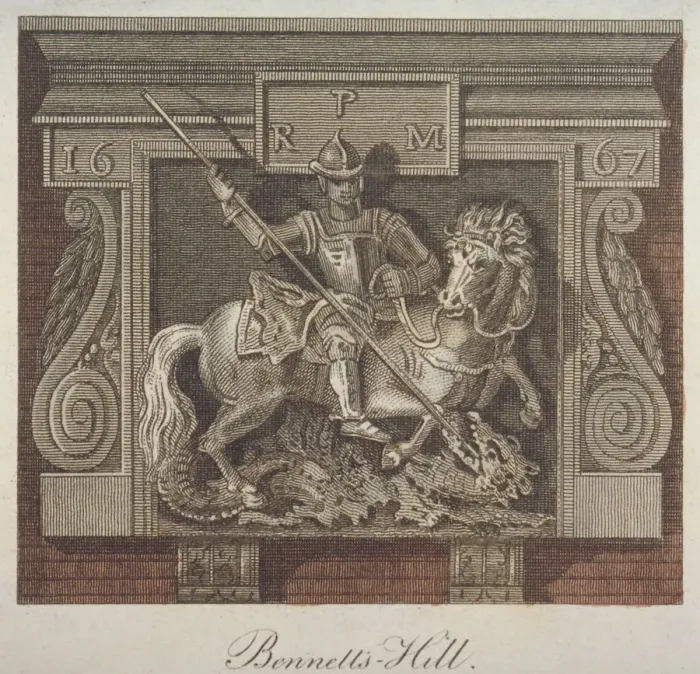 Framed Print : Inn sign for the George and Dragon Inn, Bennets Hill, City of London, 1814. Artist Framed Print : Inn sign for the George and Dragon Inn, Bennets Hill, City of London, 1814. Artist