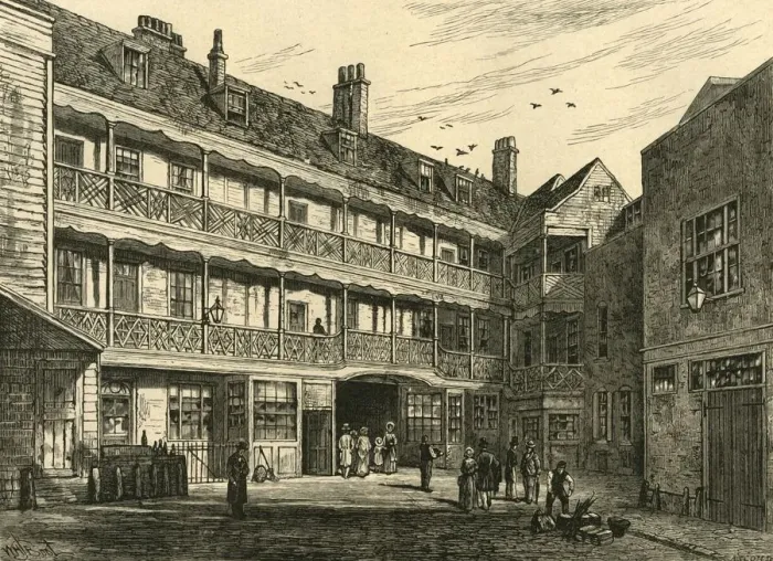 Framed Print : The Inner Court of the Old Belle Sauvage. (1897). Creator: Unknown Framed Print : The Inner Court of the Old Belle Sauvage. (1897). Creator: Unknown