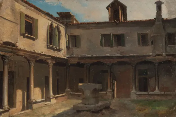 Framed Print : Inner courtyard of an Italian convent, c.1830. Creator: Unknown Framed Print : Inner courtyard of an Italian convent, c.1830. Creator: Unknown