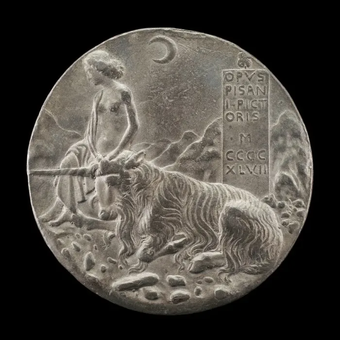 Framed Print : Innocence and Unicorn in a Moonlit Landscape [reverse], 1447. Creator: Pisanello