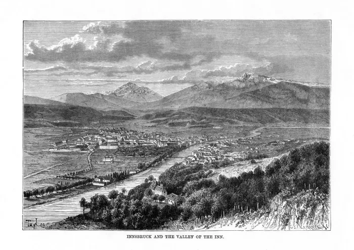 Framed Print : Innsbruck and the Valley of the River Inn, Austria, 1879. Artist: C Laplante Framed Print : Innsbruck and the Valley of the River Inn, Austria, 1879. Artist: C Laplante