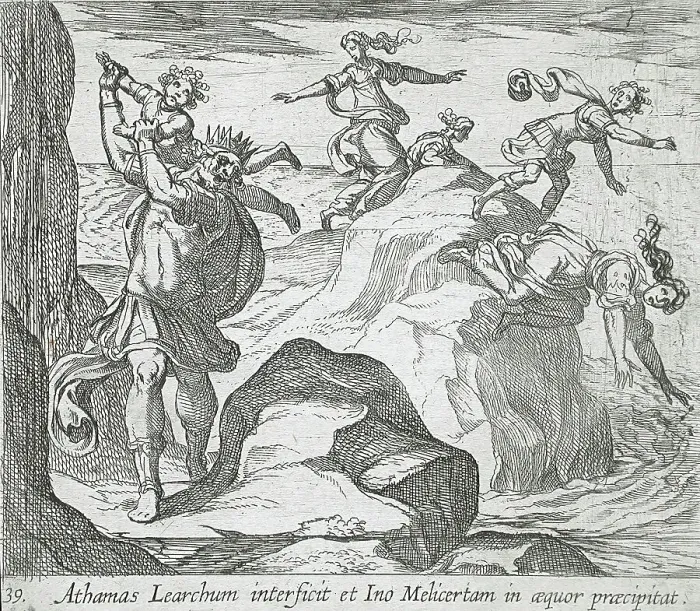Framed Print : The Insane Athamas Killing Learchus, While Ino and Melicertes Jump into the Sea, published 1606. Creators: Antonio Tempesta, Wilhelm Janson Framed Print : The Insane Athamas Killing Learchus, While Ino and Melicertes Jump into the Sea, published 1606. Creators: Antonio Tempesta, Wilhelm Janson