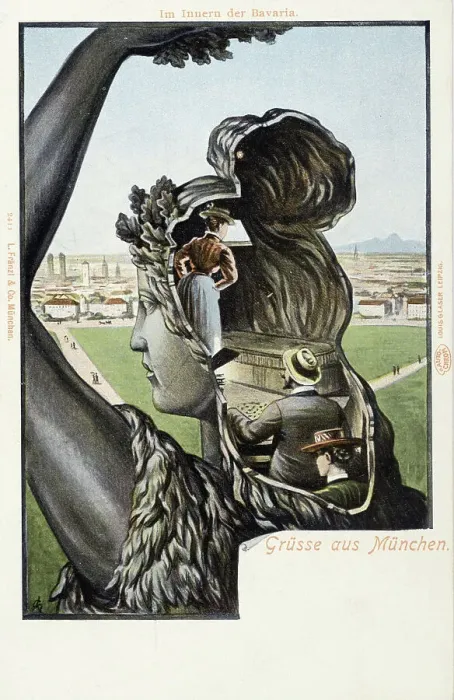 Framed Print : Inside the Bavaria statue. Greetings from Munich. Postcard, c 1900. Creator: Anonymous Framed Print : Inside the Bavaria statue. Greetings from Munich. Postcard, c 1900. Creator: Anonymous