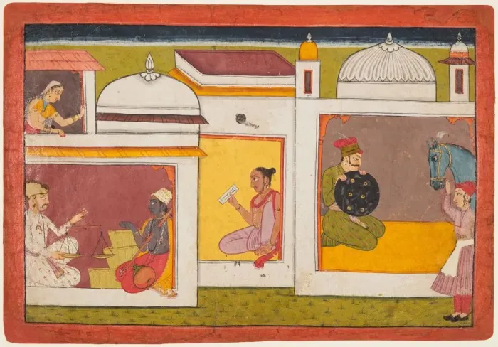 Framed Print : Inside a building, Madhava sits facing a man holding a scale, from a Madhavanala Framed Print : Inside a building, Madhava sits facing a man holding a scale, from a Madhavanala