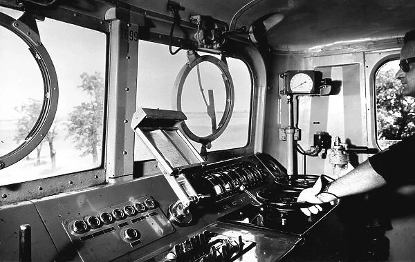 Inside the cab of an electric locomotive, 1950