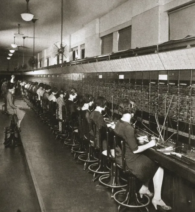 Framed Print : Inside a New York telephone exchange, USA, early 1930s Framed Print : Inside a New York telephone exchange, USA, early 1930s
