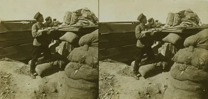 Framed Print : Inside a Russian fort during the siege - shell marks around a dummy gun - Port Arthur, c1905. Creator: Underwood & Underwood. Inside a Russian fort during the siege - shell marks around a dummy gun - Port Arthur, c1905 Framed Print : Inside a Russian fort during the siege - shell marks around a dummy gun - Port Arthur, c1905. Creator: Underwood & Underwood. Inside a Russian fort during the siege - shell marks around a dummy gun - Port Arthur, c1905