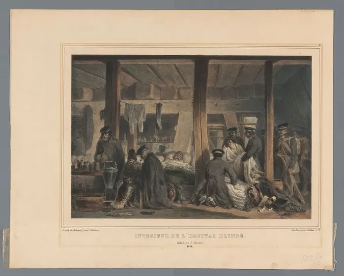 Framed Print : Inside of the shell-proof field hospital in the citadel of Antwerp, 1832, (1833). Creator: Auguste Raffet Framed Print : Inside of the shell-proof field hospital in the citadel of Antwerp, 1832, (1833). Creator: Auguste Raffet