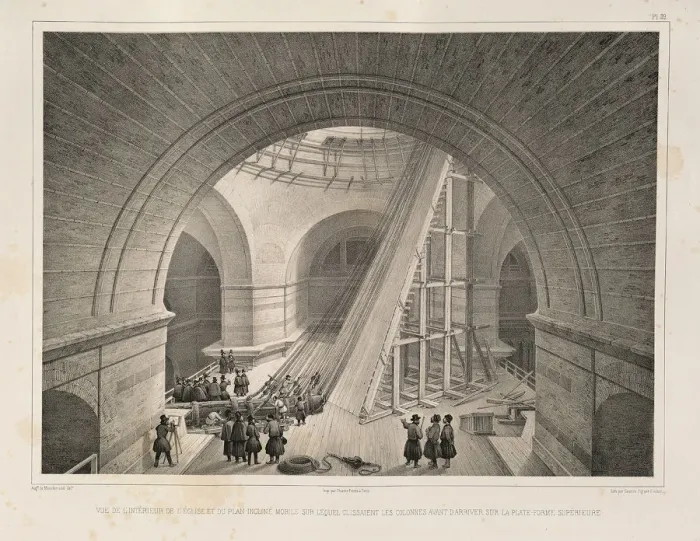 Framed Print : Inside view of the Cathedral and a ramp (From: The Construction of the Saint Isaacs Cathedral), 1845. Artist: Montferrand, Auguste, de (1786-1858) Framed Print : Inside view of the Cathedral and a ramp (From: The Construction of the Saint Isaacs Cathedral), 1845. Artist: Montferrand, Auguste, de (1786-1858)