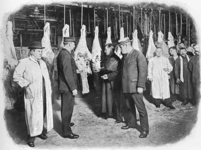 Framed Print : Inspecting meat at Smithfield Market, City of London, c1903 (1903) Framed Print : Inspecting meat at Smithfield Market, City of London, c1903 (1903)
