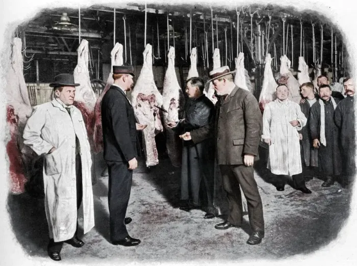 Framed Print : Inspecting meat at Smithfield Market, City of London, c1903 (1903) Framed Print : Inspecting meat at Smithfield Market, City of London, c1903 (1903)