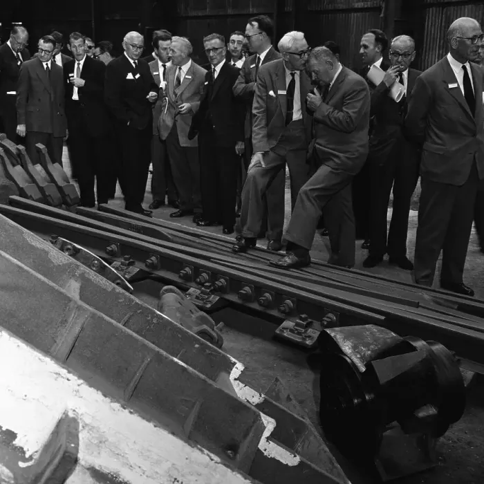 Framed Print : Inspecting a tram junction, made at the Edgar Allen Steel Foundry, Meadowhall, Sheffield, 1962 Framed Print : Inspecting a tram junction, made at the Edgar Allen Steel Foundry, Meadowhall, Sheffield, 1962