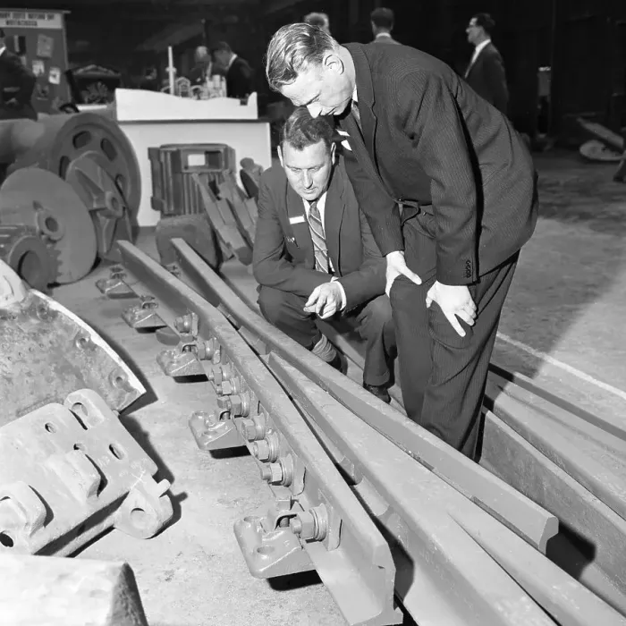 Framed Print : Inspecting a tram junction made at the Edgar Allen Steel Foundry, Meadowhall, Sheffield, 1962 Framed Print : Inspecting a tram junction made at the Edgar Allen Steel Foundry, Meadowhall, Sheffield, 1962