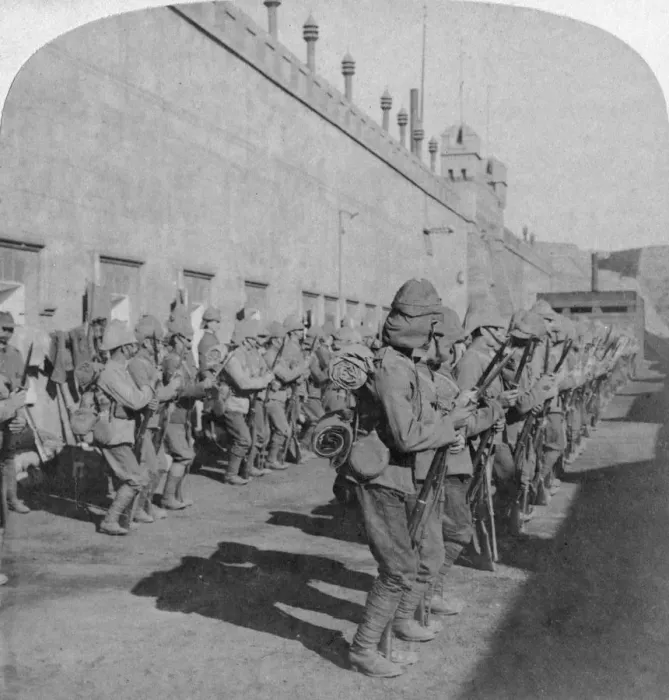 Framed Print : Inspection of the Cheshire Regiment in the fort at Johannesburg, Boer War, South Africa, 1901. Artist: Underwood & Underwood Framed Print : Inspection of the Cheshire Regiment in the fort at Johannesburg, Boer War, South Africa, 1901. Artist: Underwood & Underwood
