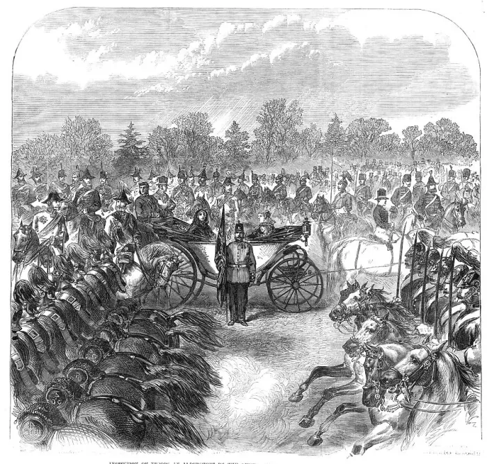 Framed Print : Inspection of Troops at Aldershott by the Queen: cavalry trotting past, 1868. Creator: Unknown Framed Print : Inspection of Troops at Aldershott by the Queen: cavalry trotting past, 1868. Creator: Unknown
