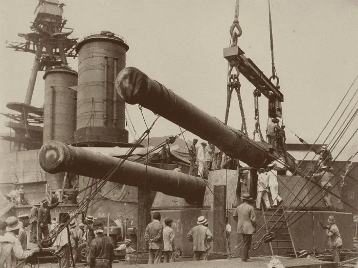 Framed Print : Installation of a gun in the Japanese battleship Hyuga at the Mitsubishi Nagasaki Shipyard, 1917-18. Creator: Anonymous Framed Print : Installation of a gun in the Japanese battleship Hyuga at the Mitsubishi Nagasaki Shipyard, 1917-18. Creator: Anonymous