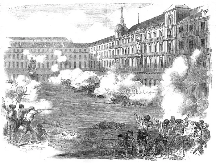 Framed Print : The Insurrection in Madrid - Conflict in the Plaza Mayor, 1854. Creator: Unknown Framed Print : The Insurrection in Madrid - Conflict in the Plaza Mayor, 1854. Creator: Unknown