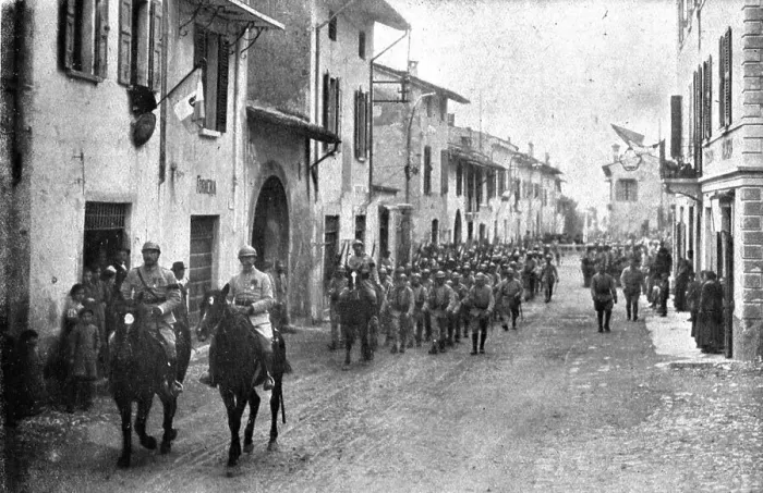 Framed Print : Inter-allied Support; Arrival of a French regiment into an Italian town, 1917. Creator: Pelanda Framed Print : Inter-allied Support; Arrival of a French regiment into an Italian town, 1917. Creator: Pelanda