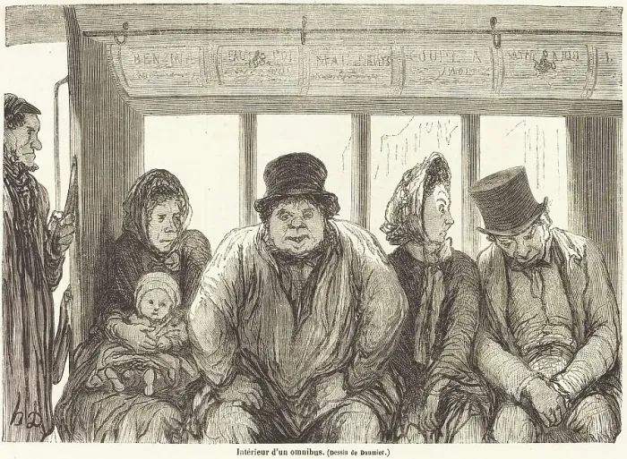 Framed Print : Interieur d'un omnibus [bottom half], published 1864. Creator: Charles Maurand