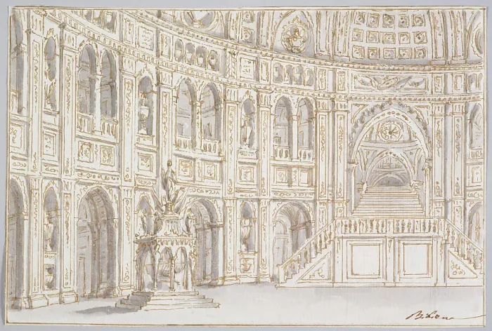 Framed Print : An interior with arcaded gallery and staircase, late 17th century-mid-18th century. Creator: Ferdinando Galli Bibiena Framed Print : An interior with arcaded gallery and staircase, late 17th century-mid-18th century. Creator: Ferdinando Galli Bibiena