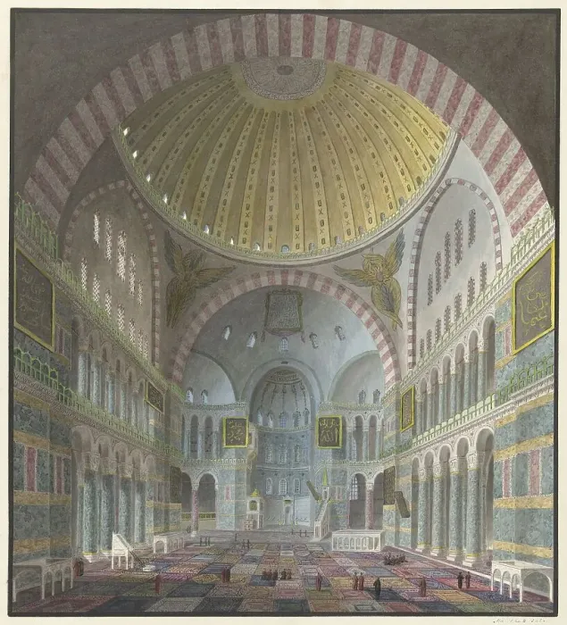 Framed Print : Interior of the Aya Sophia with kneeling and standing Turks, 1821-1847. Creator: Prosper Georges Antoine Marilhat Framed Print : Interior of the Aya Sophia with kneeling and standing Turks, 1821-1847. Creator: Prosper Georges Antoine Marilhat