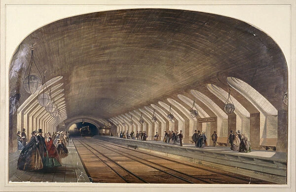 Interior of Baker Street Station showing platforms and an approaching train, London, c1865