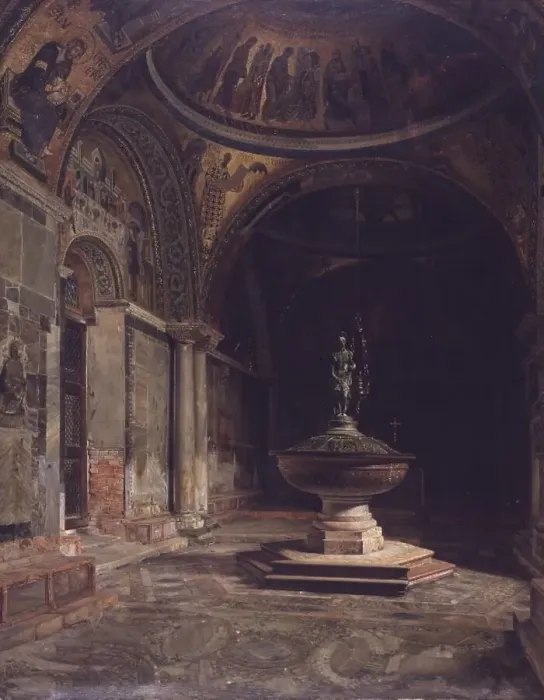 Framed Print : The interior of the Baptistery in St. Mark's Church in Venice, 1885. Creator: Josef Theodor Hansen Framed Print : The interior of the Baptistery in St. Mark's Church in Venice, 1885. Creator: Josef Theodor Hansen