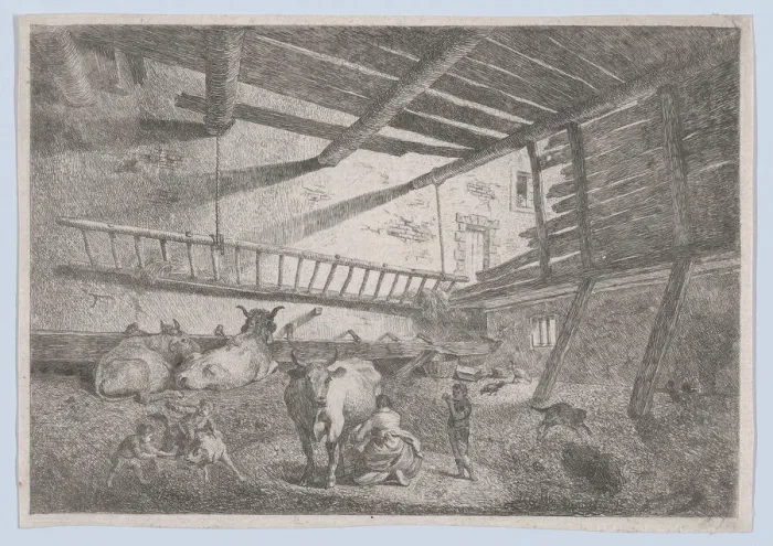Framed Print : Interior of a Barn with Milkmaid, ca. 1800. ca. 1800. Creator: Anon