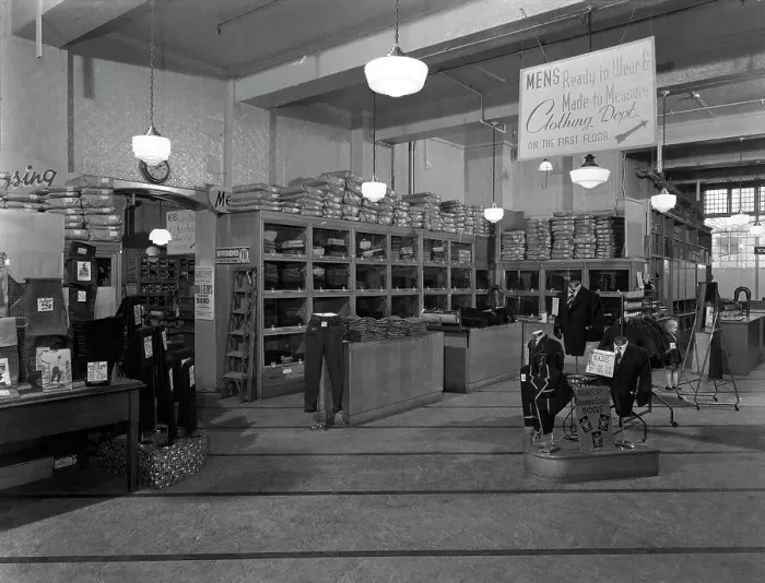 Framed Print : Interior of the Barnsley Co-op central mens tailoring department, South Yorkshire, 1959 Framed Print : Interior of the Barnsley Co-op central mens tailoring department, South Yorkshire, 1959