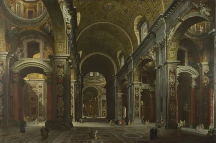 Framed Print : Interior of the Basilica of Saint Peter in Rome, before 1742. Artist: Panini, Giovanni Paolo (1691-1765) Framed Print : Interior of the Basilica of Saint Peter in Rome, before 1742. Artist: Panini, Giovanni Paolo (1691-1765)